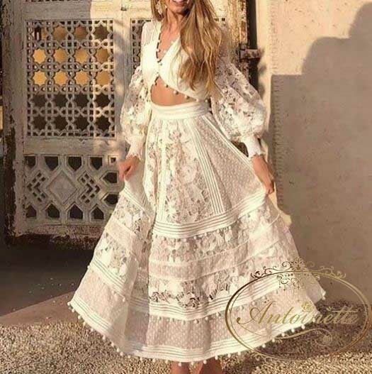 レディース サマードレス 白 レース オーガンジー ワンピ ワンピース 長袖 夏 湘南 海辺 リゾート 総柄 レース オーガンジー エスニック アジアン インド Antoinette