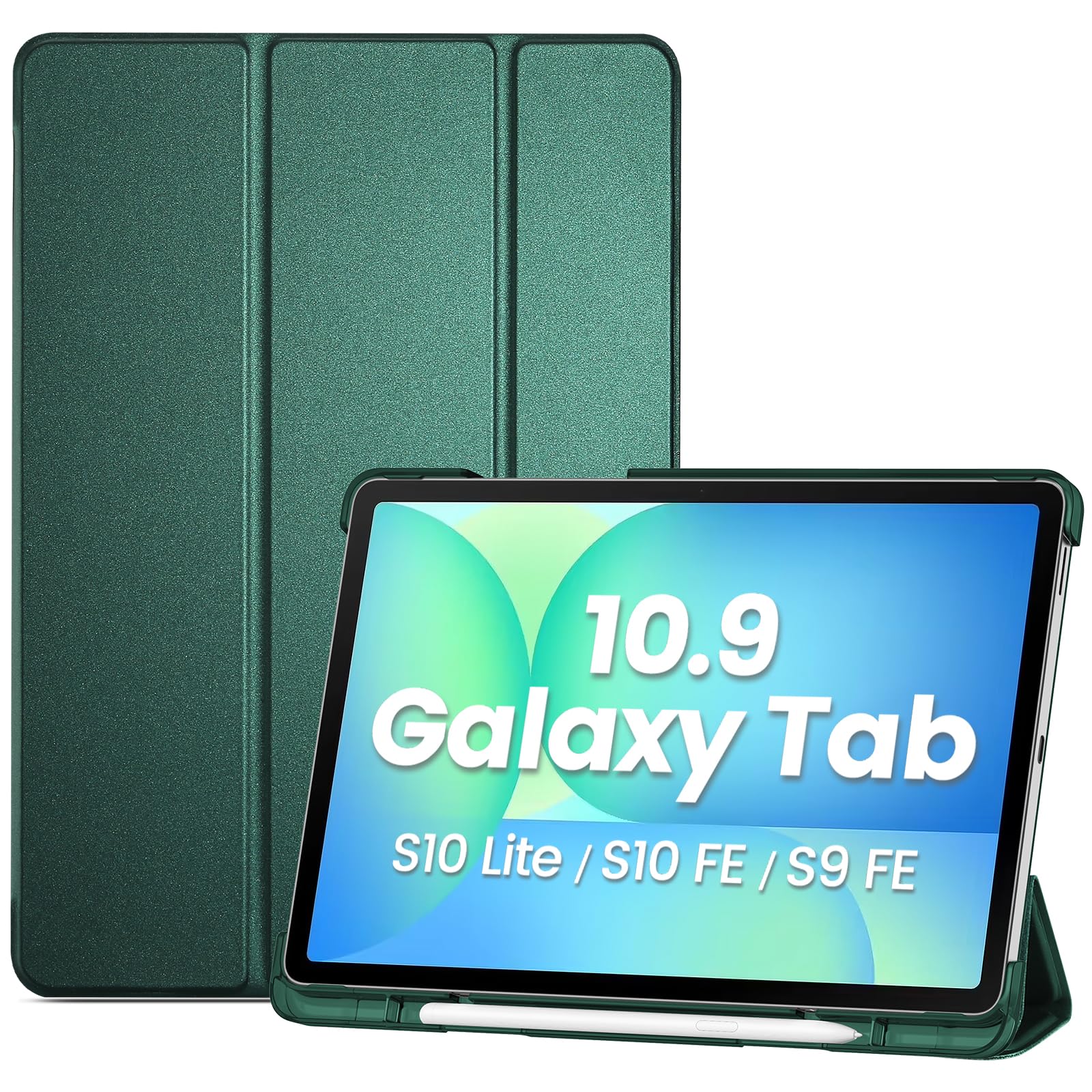 ProCase Samsung Galaxy Tab S10 Lite/S10 FE/S9 FE タブレット ケース マグネットカバー スタンド機能 薄型軽量 保護 -ミッドナイトグリン