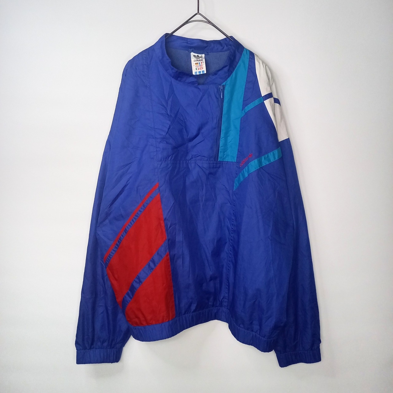90s　アディダス　ハーフジップ　ナイロン　プルオーバー　刺繍ロゴ　レトロ