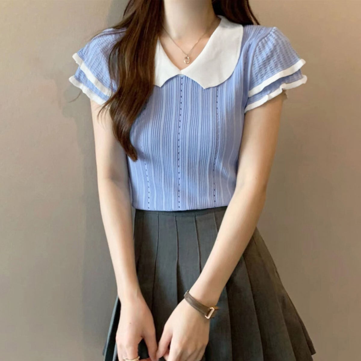 フリル袖 ニット ブラウス レディース 春夏 韓国 ポロシャツ きれいめ 大人 フェミニン かわいい ガーリー おしゃれ 薄手 サマーニット 編みニット 大人可愛い 大人女子