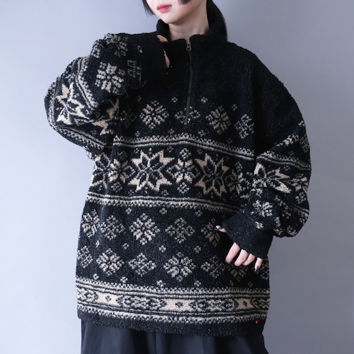 "TOMMY HILFIGER" nordic pattern over silhouette half-zip  boa fleece pullover