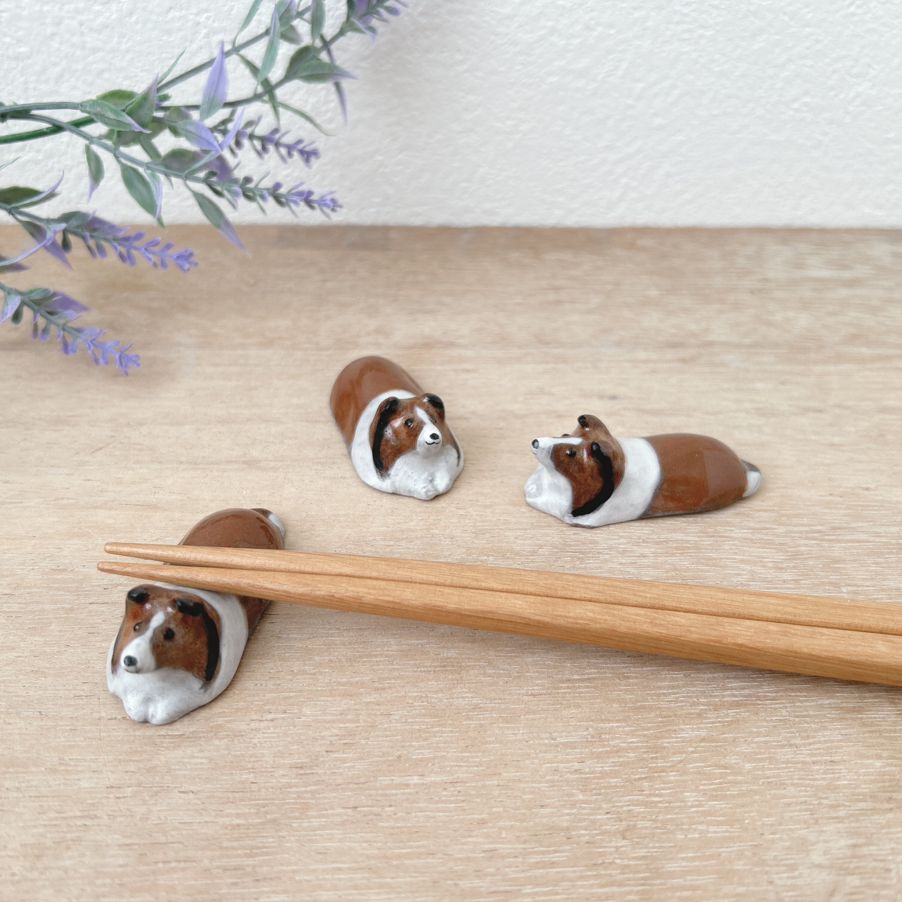 シェルティの箸置きセーブル(顔濃い茶色)3個セット | 陶器のことり
