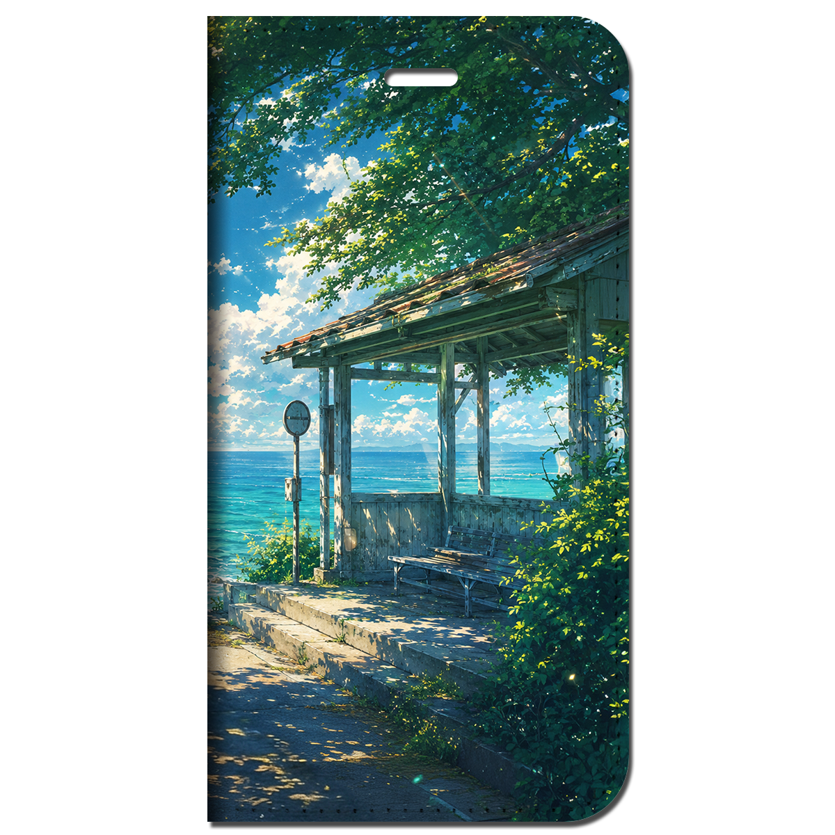 iPhone対応 スマホ 手帳型ケース 夏 海辺の古いバス停 透き通る海 シアン エメラルド 風景 エモい 海 景色 青空 記憶の夏 スマホケース スタンド 【iPhone17 / iPhone16e / iPhone16 他 iPhone各機種対応】 |iasmem04