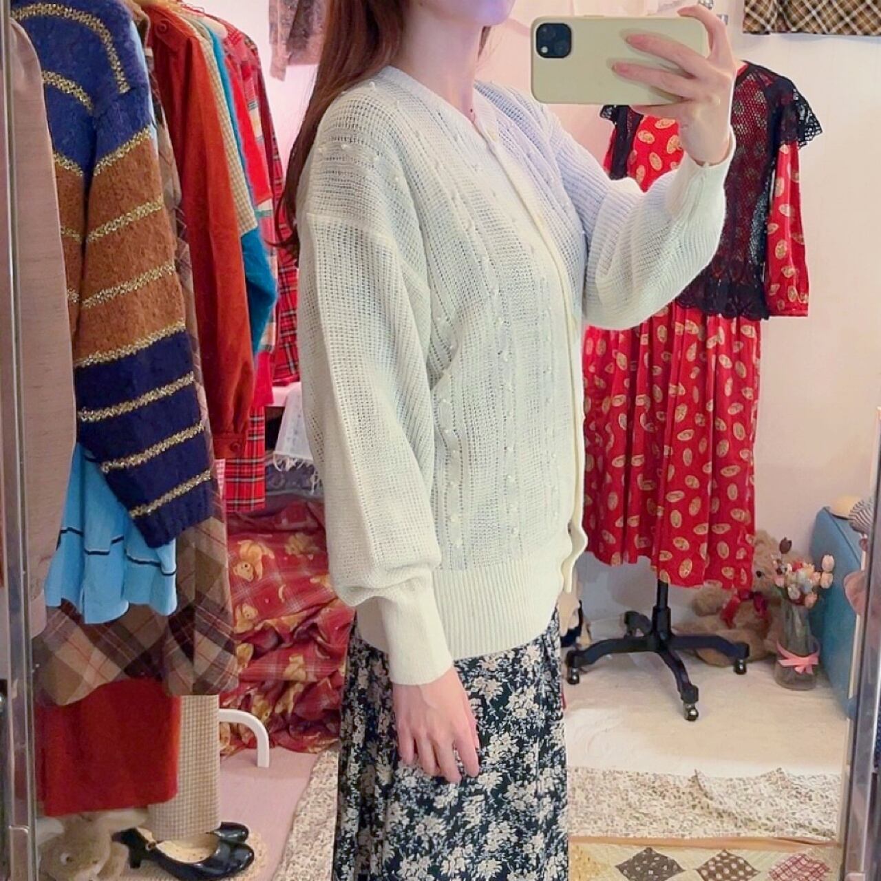 mini pearl beads white knit cardigan