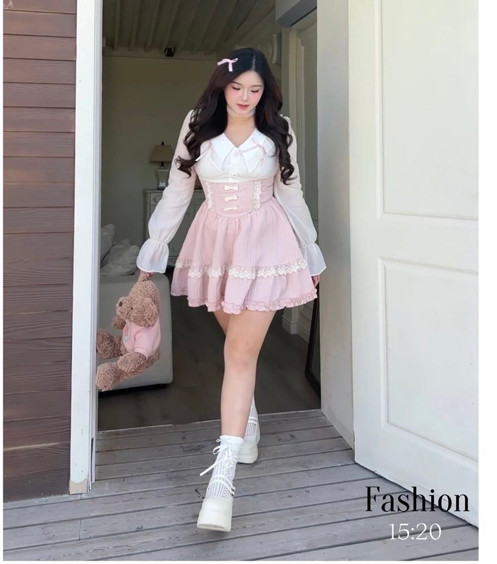 dolldoll M〜4XL ピンクリボンフレアワンピース 大きいサイズ