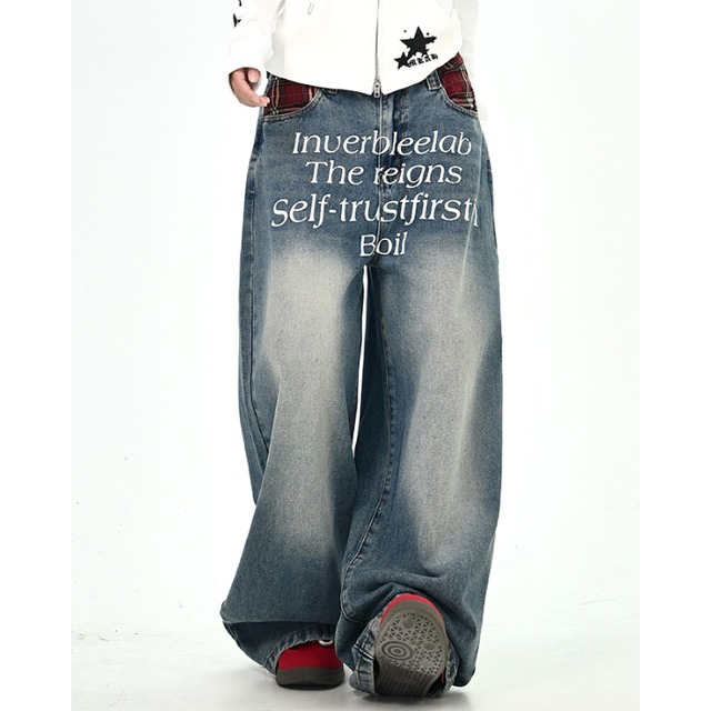 checkered point lettering denim　チェック柄ポイントレタリングデニム　J1321