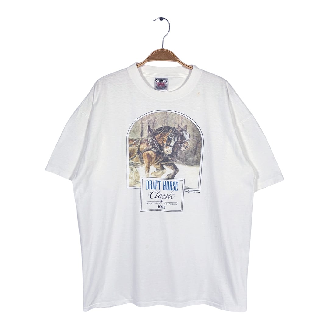 90s 馬 ドラフトホース USA製 ヴィンテージ Tシャツ アニマル イラスト ホワイト シングステッチ ONEITA オニータ サイズXL BZ0599