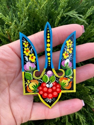 ペトリキフカ塗りのマグネット 国章トリズヴ（Khomenko製作）