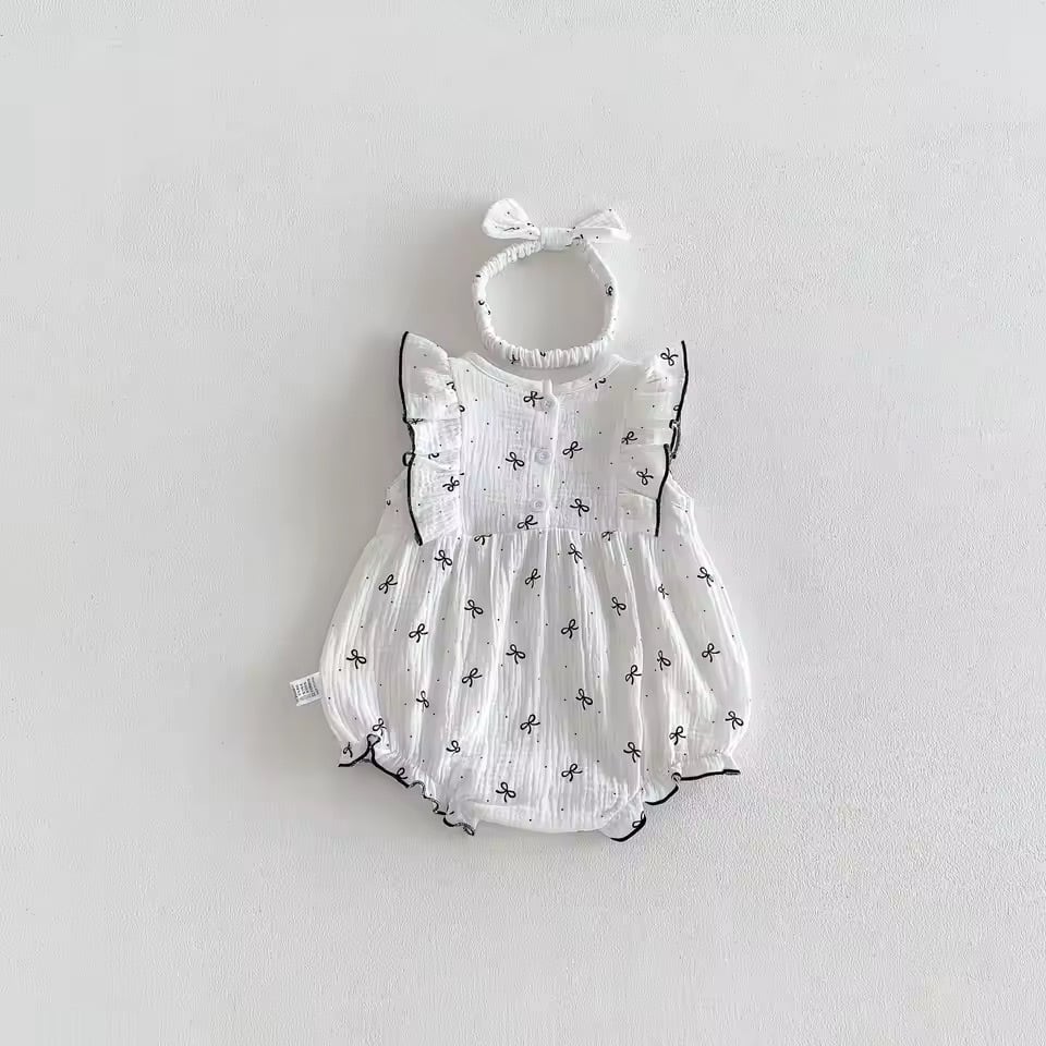 ヘアバンド付きリボンガーゼロンパース