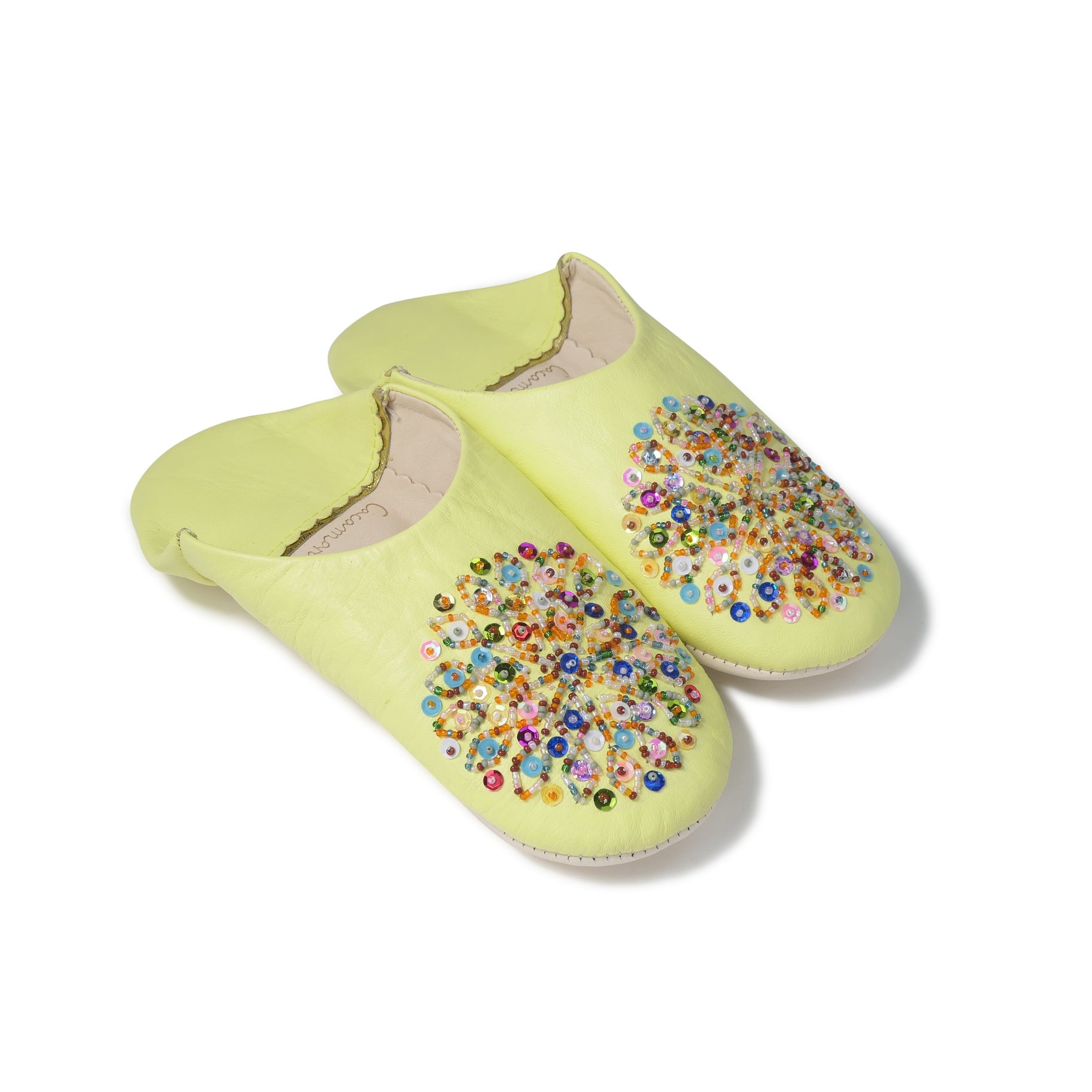 受注生産 ソフトイエロー(ミックス スパンコール)レザー バブーシュ スリッパ