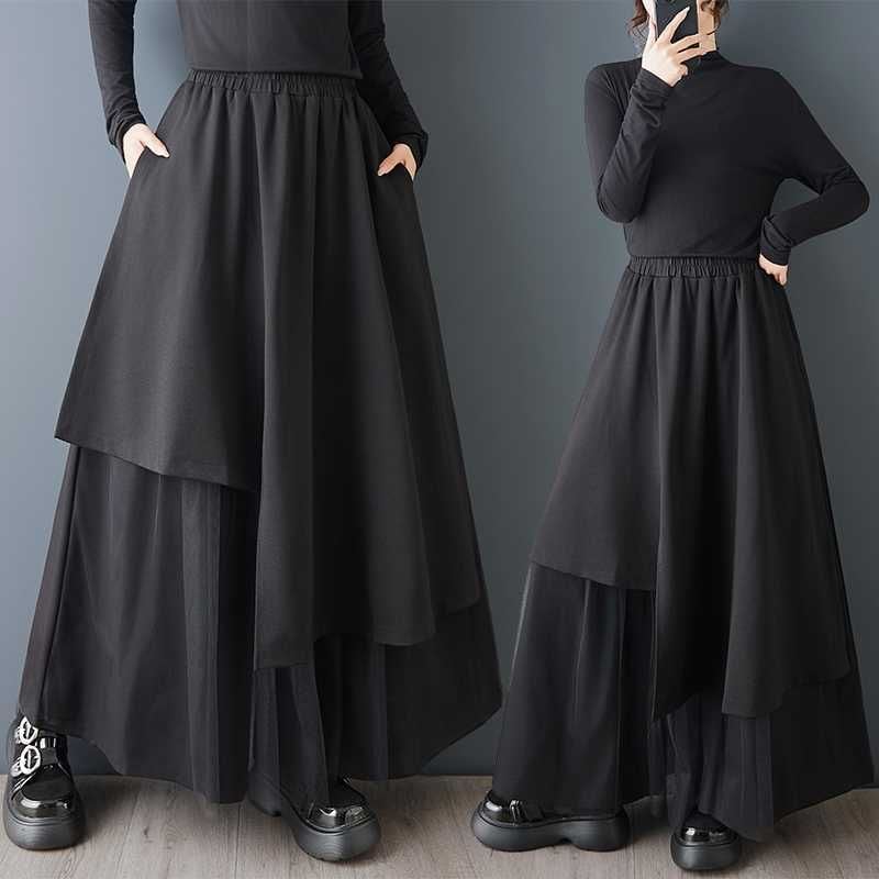 BLACK MESH LAYERED A-LINE WIDE LEG PANTS 1color M-15835