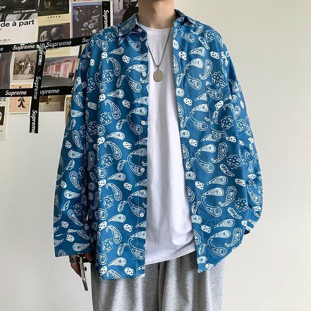 予約販売】シャツ 長袖 メンズ ペイズリー柄 オーバーサイズ レトロ