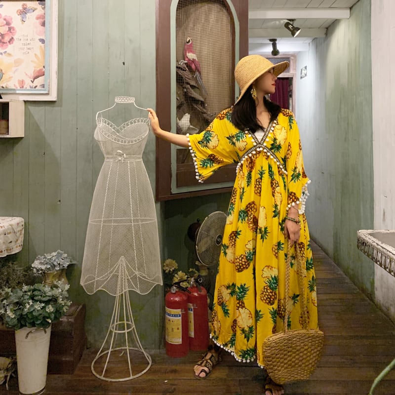 スカート サマースタイルVネックロングスリーブルーズハイウェストウェストドレス 夏物 ビーチ 延命家ファッション6137494