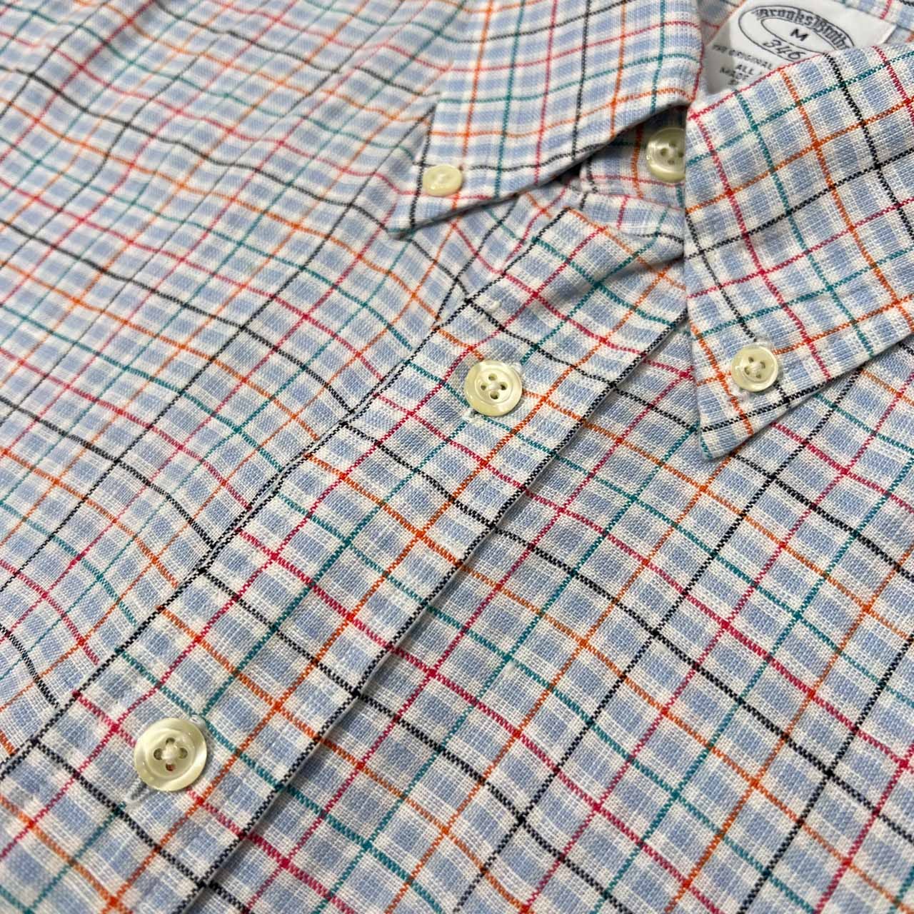 Brooks Brothers ブルックスブラザーズ マルチチェック柄 半袖 リネン シャツ サイズ M /メンズ/水色系/麻100%
