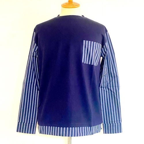 Ponch × Stripe Fabric Switching T-shirts　Navy