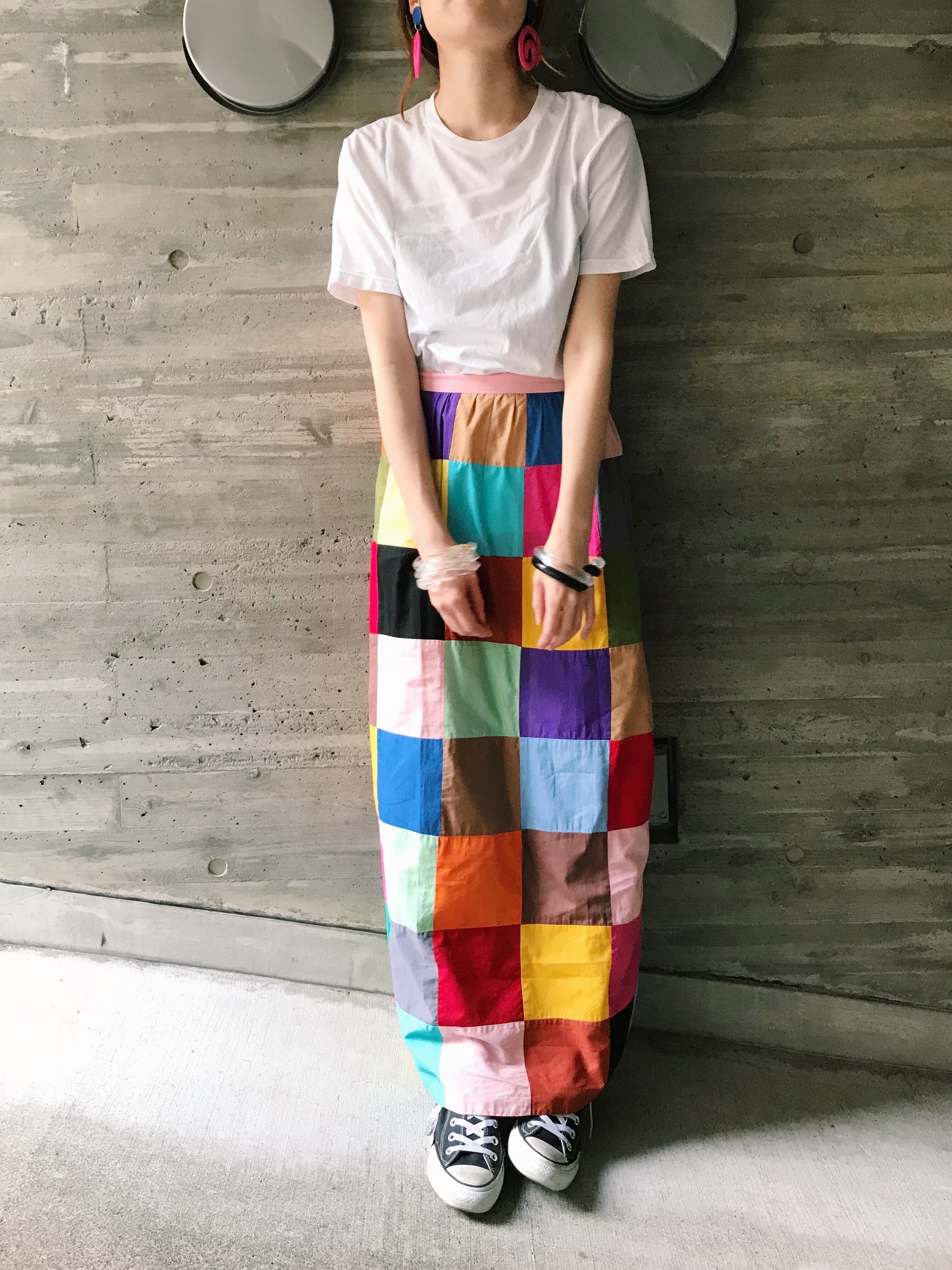 70s handmade multi color patchwork long cotton skirt ( ヴィンテージ ハンドメイド マルチカラー  パッチワーク コットン ロングスカート ) | Riyad vintage shop powered by BASE