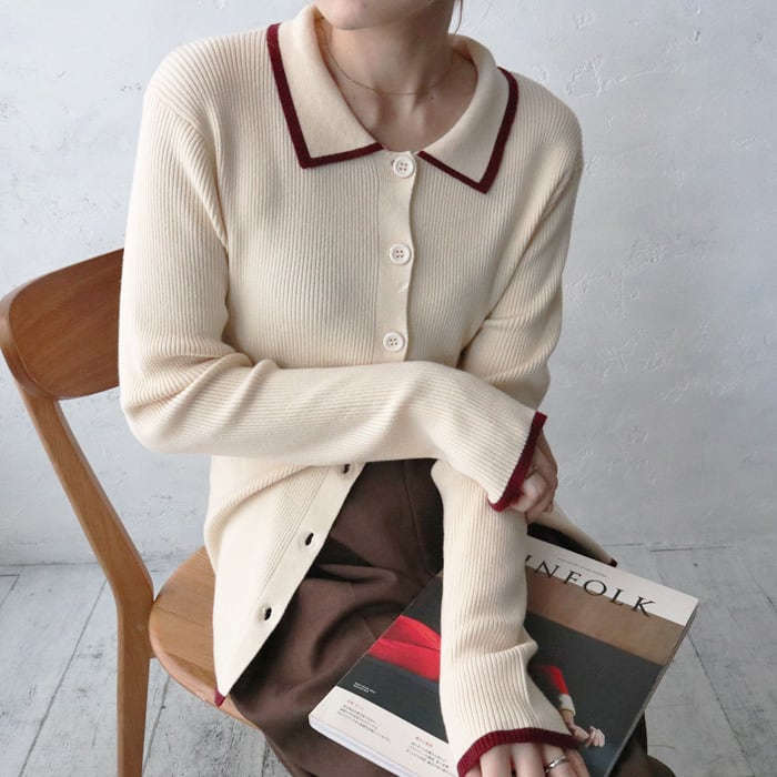 (B07)配色リブニットポロカーディガン