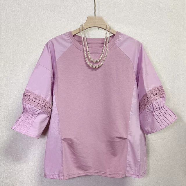 SOLID ROUND NECK LACE STITCH DESIGN T-SHIRT 6colors M-16140