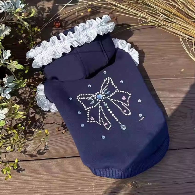 キラキラリボンのネイビーパーカー 犬服 01006