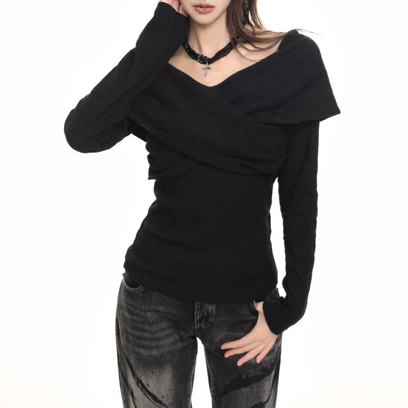 cross design off-shoulder slim knit top la1310