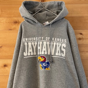 【JERZEES】カレッジ ロゴ カンザス大学 バスケットボール Kansas Jayhawks プルオーバー パーカー L アメリカ古着