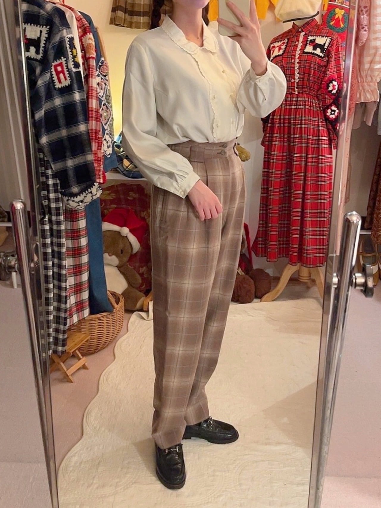 pale brown check tuck pants