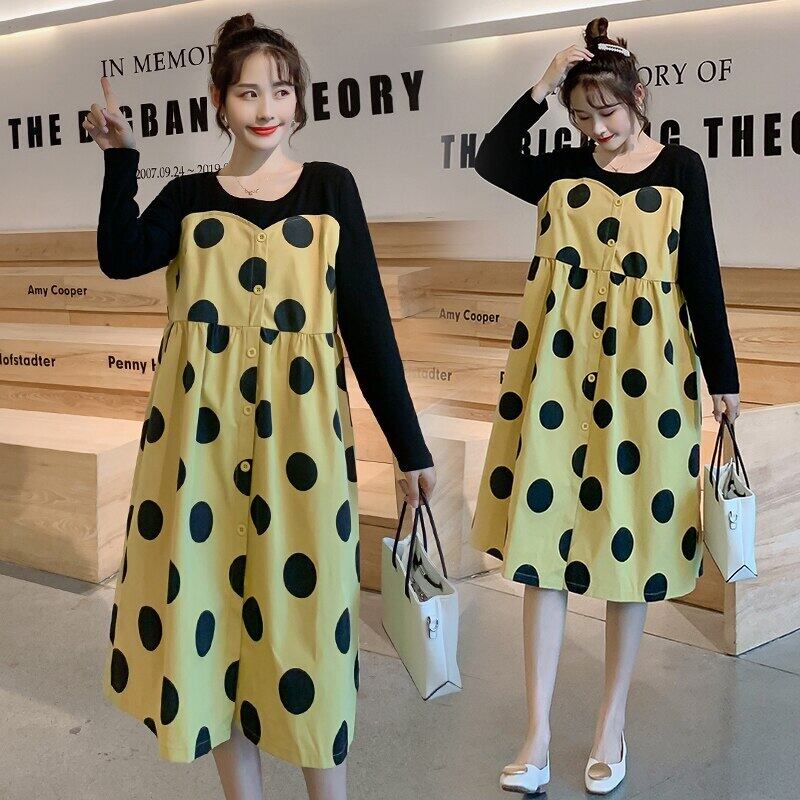 【新作】【送料無料】 685＃マタニティドレス春秋コットン長袖ドットプリントパッチワークドレス妊婦ママドレス ロング スプリング 春物 オータム 秋物 AL expec394177491047