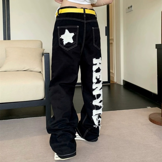 ビッグロゴスターパッチワイドシルエットデニムパンツ 2col R02588