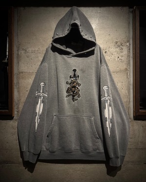 【Caka】Sword × Dragon × Skull Print Loose Pullover Hoodie