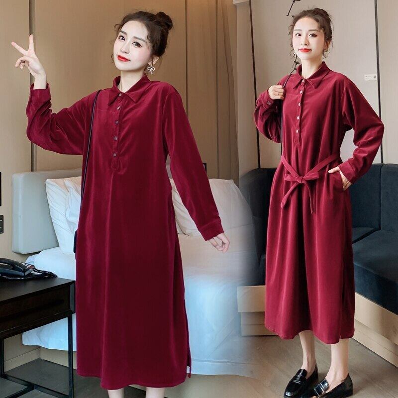 【新作】【送料無料】 8810＃秋の綿コーデュロイマタニティロングブラウスネクタイウエストルーズスリムドレス服妊婦妊娠 コットン オータム 秋物 AL expec423816901015