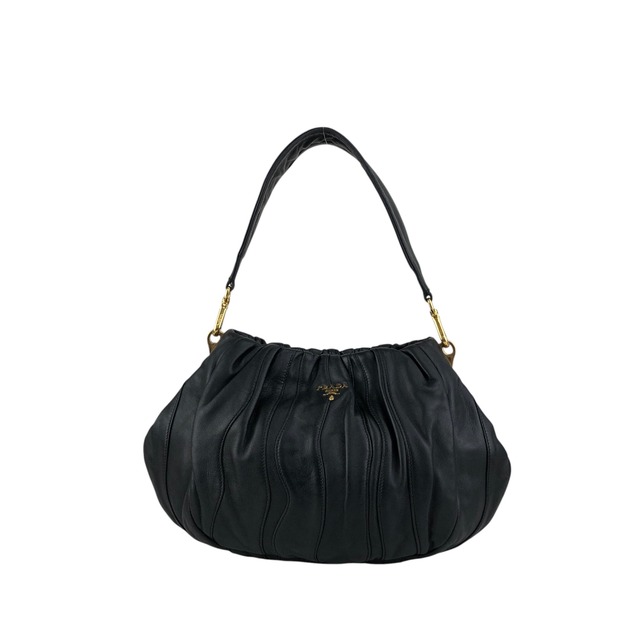 PRADA プラダ ショルダーバッグ ブラック トライアングルロゴ レザー ギャザーセミショルダーバッグ vintage ヴィンテージ オールド 6yixa5