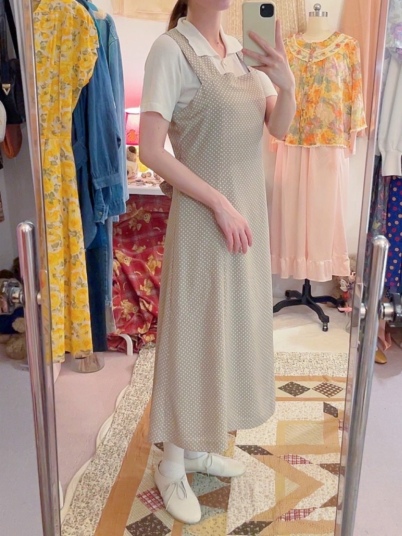 beige dot waist ribbon jumper skirt