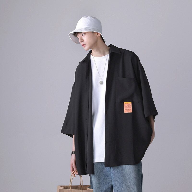 全1色 シャツ トップス 無地 カジュアル 羽織 半袖 ブラック