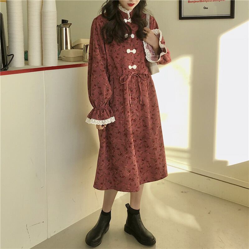 Seoul少女シリーズ 花模様のワンピース チャイナ服 中華服 レースアップ スピーカースリーブ Elegant