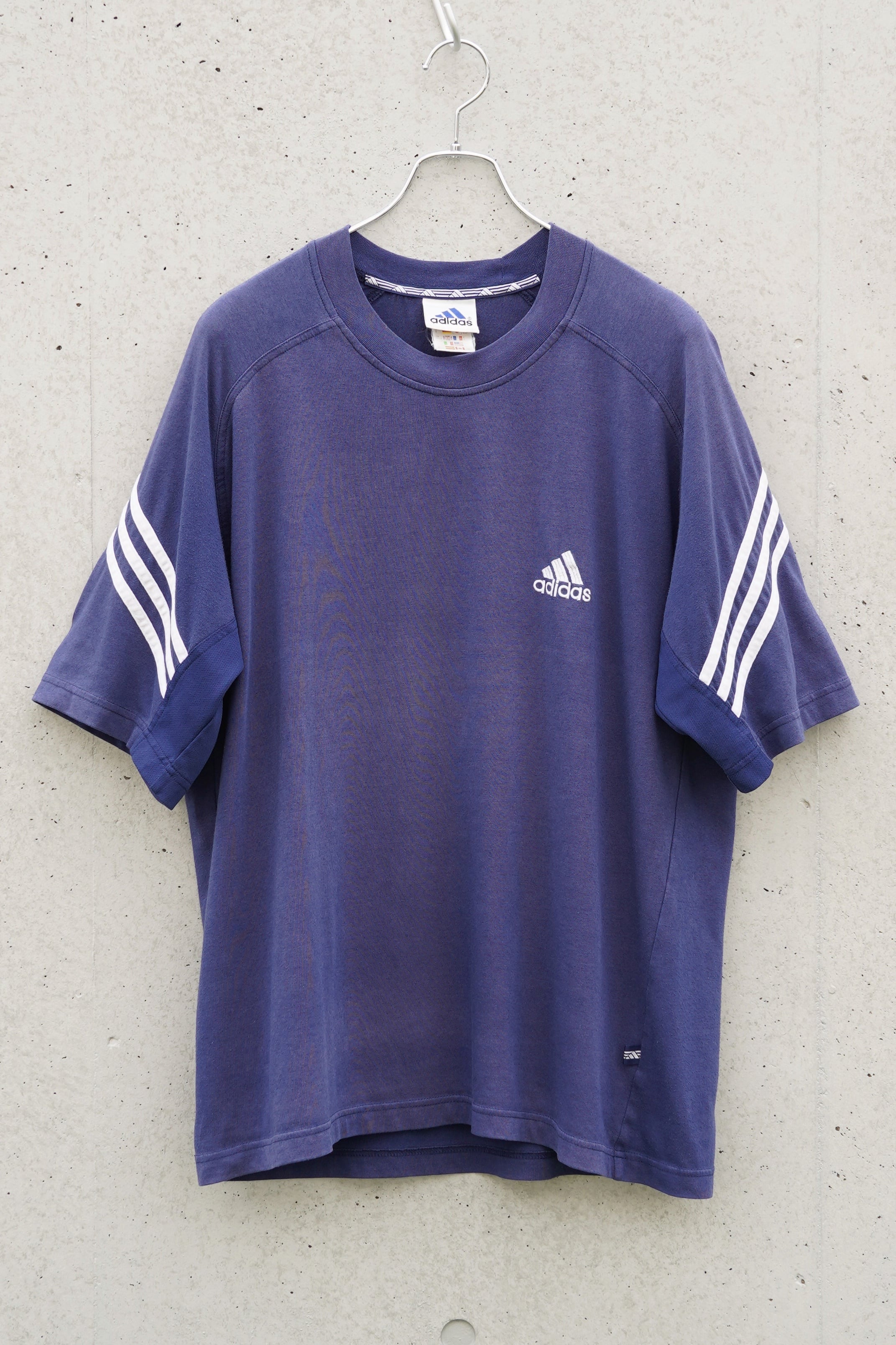adidas 3ストライプ ニットライク ラグラン半袖Tシャツ フェードネイビー/JXXO・USA L