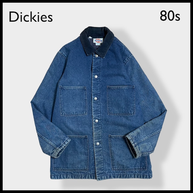 【Dickies】70s 80s USA製 白タグ カバーオール デニムジャケット ワークジャケット 38 LARGE リペア有 切替 コーデュロイ 裏地ブランケット ディッキーズ us古着