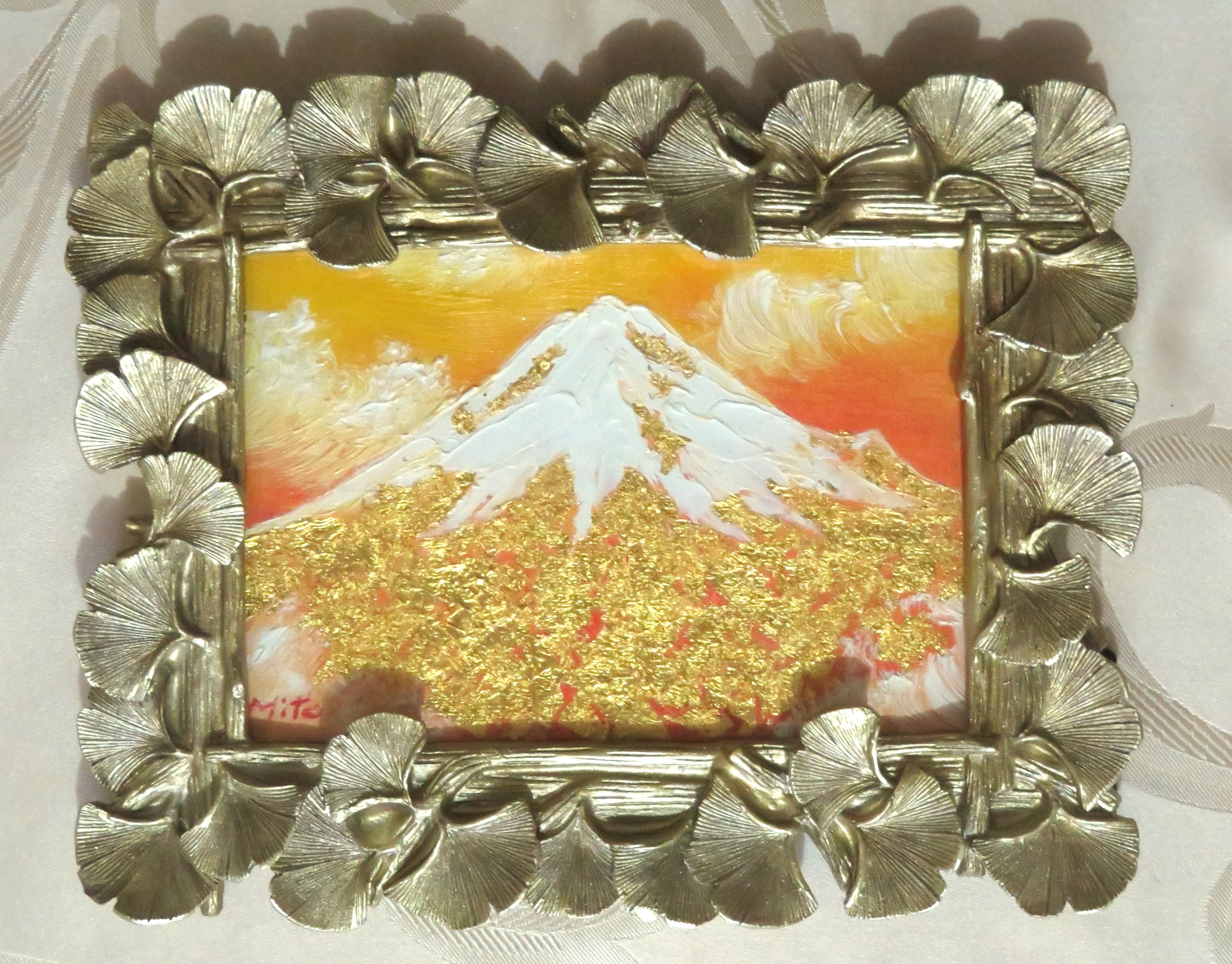 黄金の富士山～緑富士 R5－36】油絵+純金24k金箔 F3号 真筆画1点