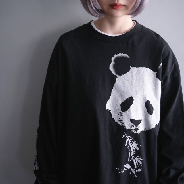 sleeve and front panda printed  black l/s tee