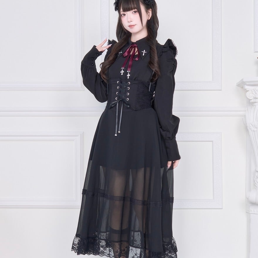ゴシック ゴスロリ レースワンピース ロングワンピース　Mサイズ ゴスロリ ロングワンピース レースレイヤード×コルセット バックリボン