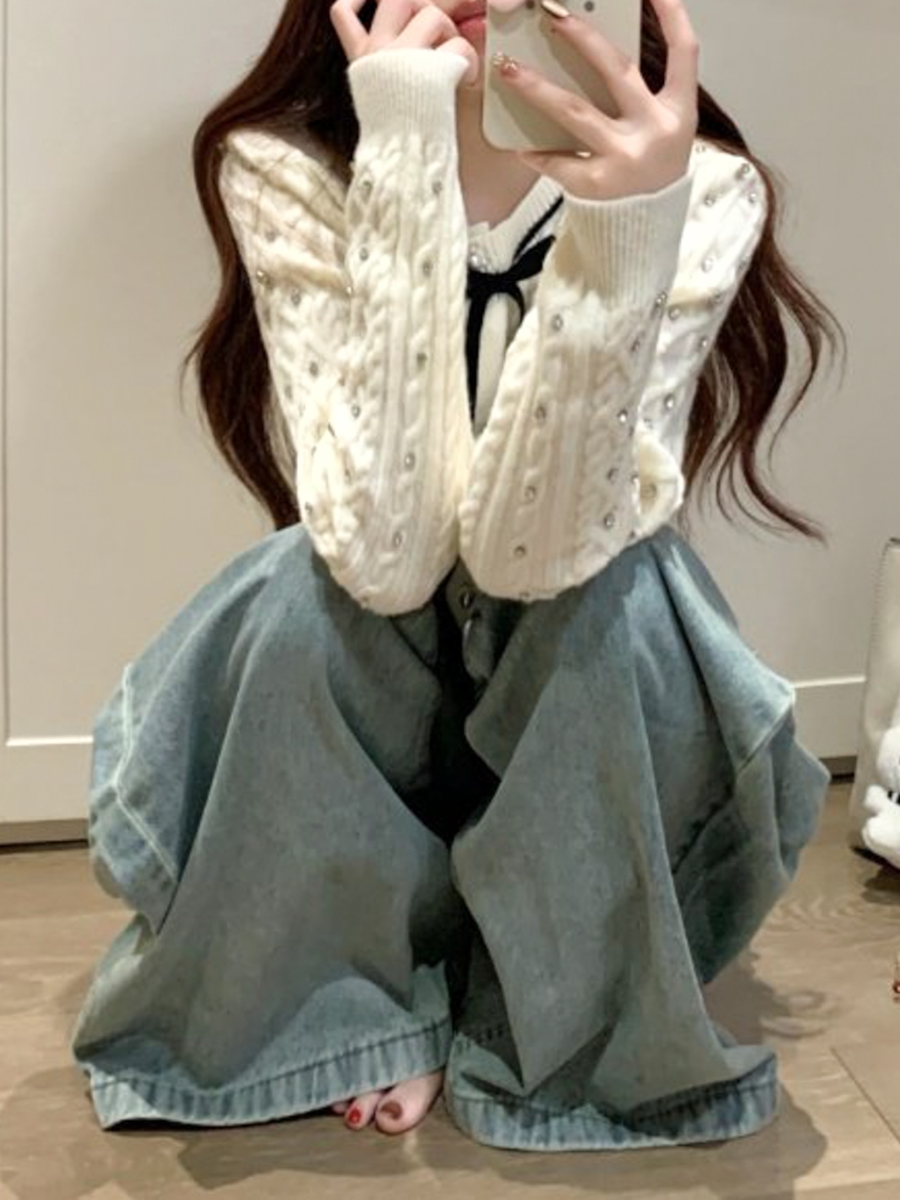 ビジューリボン ニットカーディガン LK1804