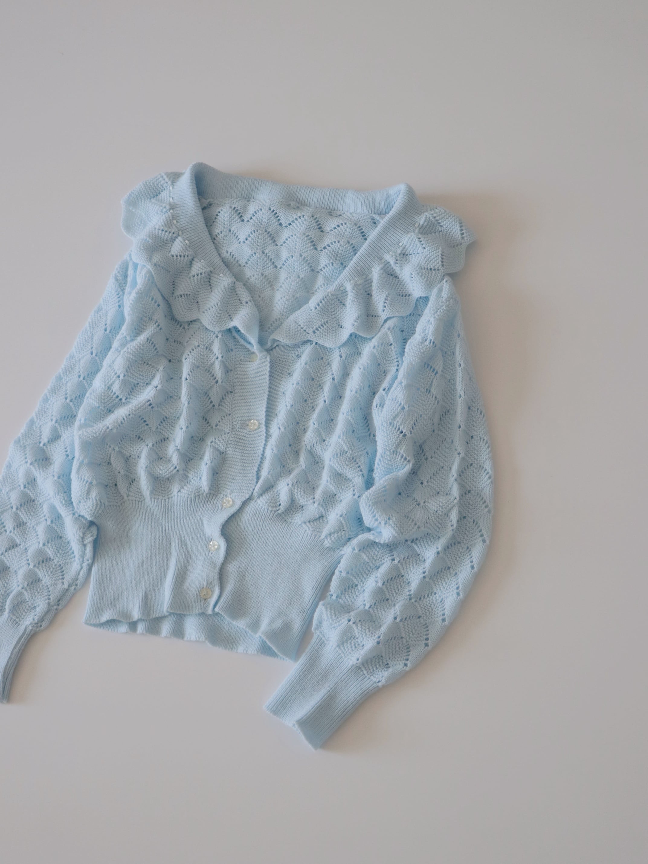 ●ribbon detail collared crochet design cardigan(blue)