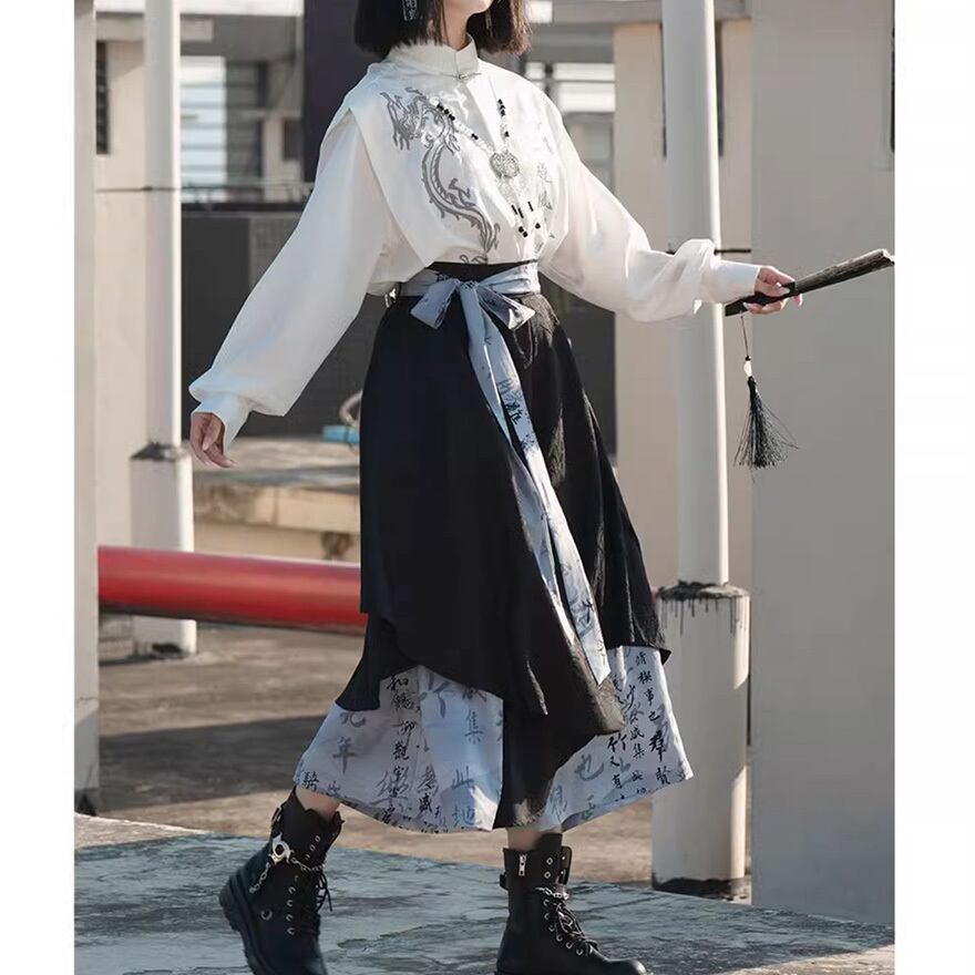 チャイナ風 スカート ロング丈 フレア リボン レイヤード風 病み可愛い