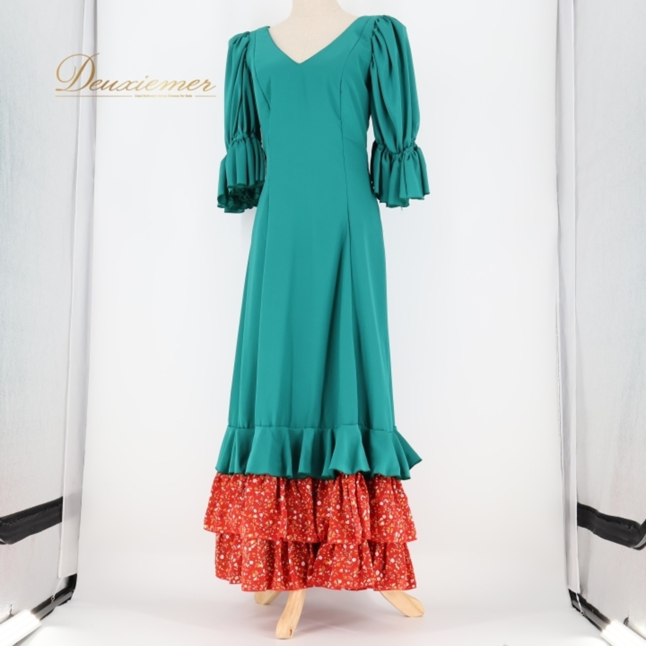 フラメンコ 衣装 ワンピース ドレス 緑 赤 ボランテ フリル 無地 花柄 フラメンコ creaciones Roal グリーン系 レッド系 フラメンコドレス おしゃれ エレガント 踊り 衣装用 ドレッシー かわいい 青緑系 40サイズ レディース