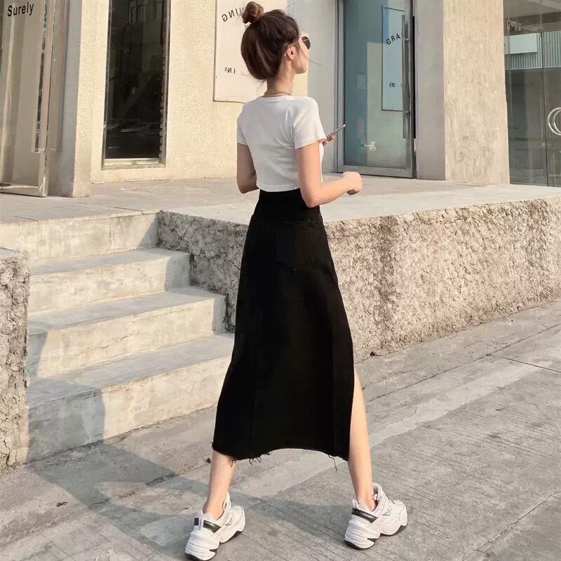 今っぽ スリットデザイン Iライン カットオフ デニムスカート ロングスカートミモレ丈 女っぽ セクシー 韓国っぽ カジュアル スカート タイト ヴィンテージライク Lamitte Deco トレンド 韓国ファッション ショップ Base店