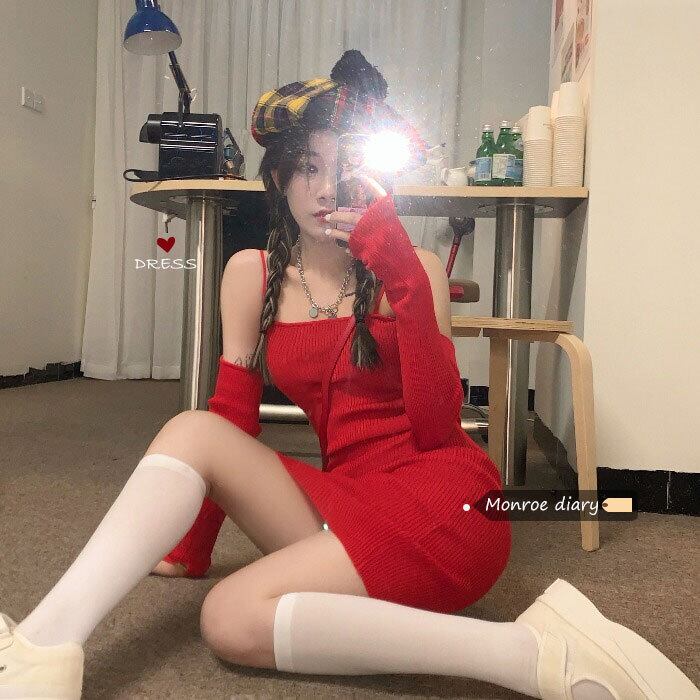 ドレス オータムウィンターレッドニットスカート 秋物 冬物 モンロー90967912079