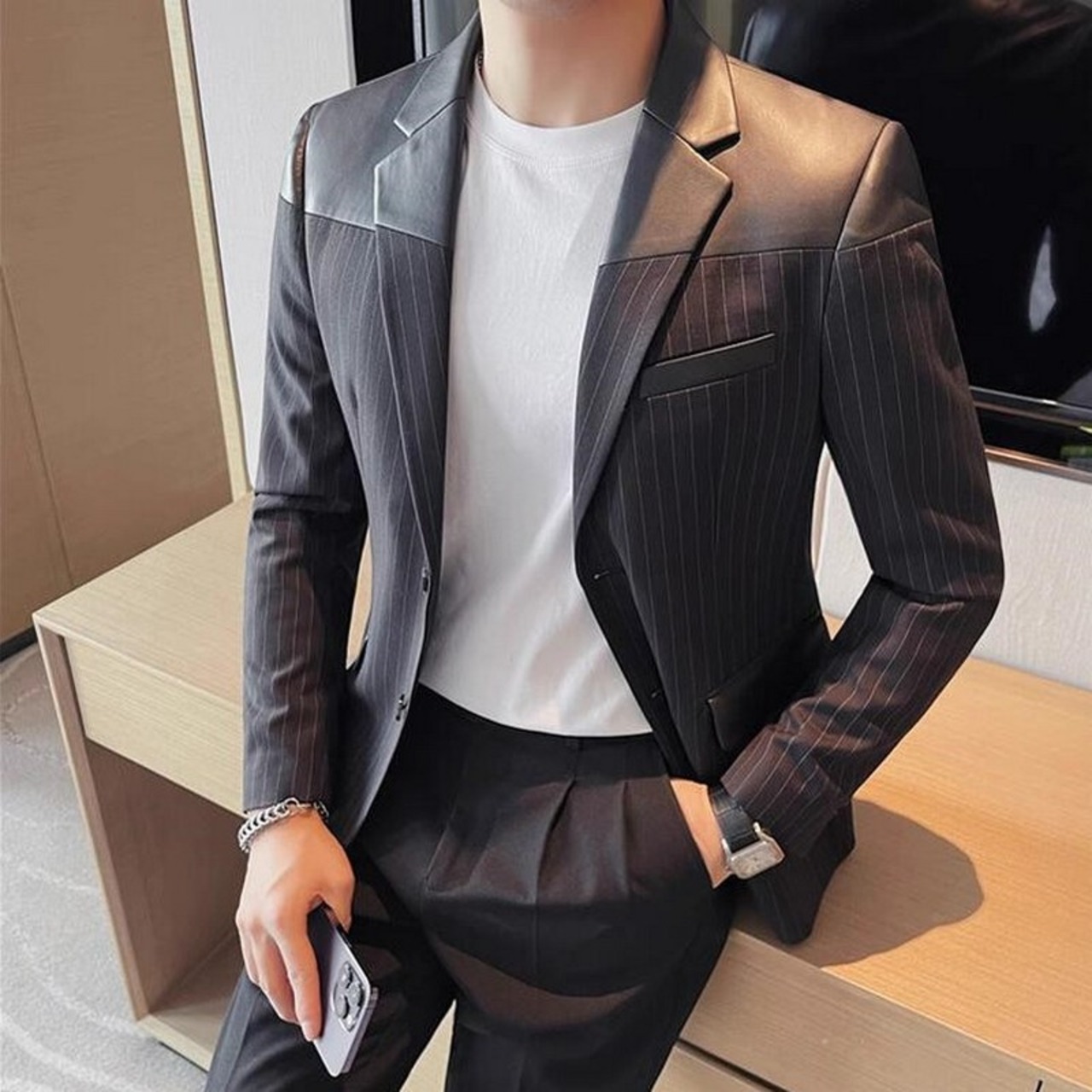 striped leather casual suit jacket 00142