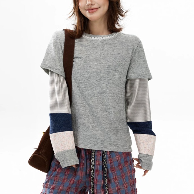 grey mix layered-sleeve tee　グレーミックススリーブレイヤードティー　J2122