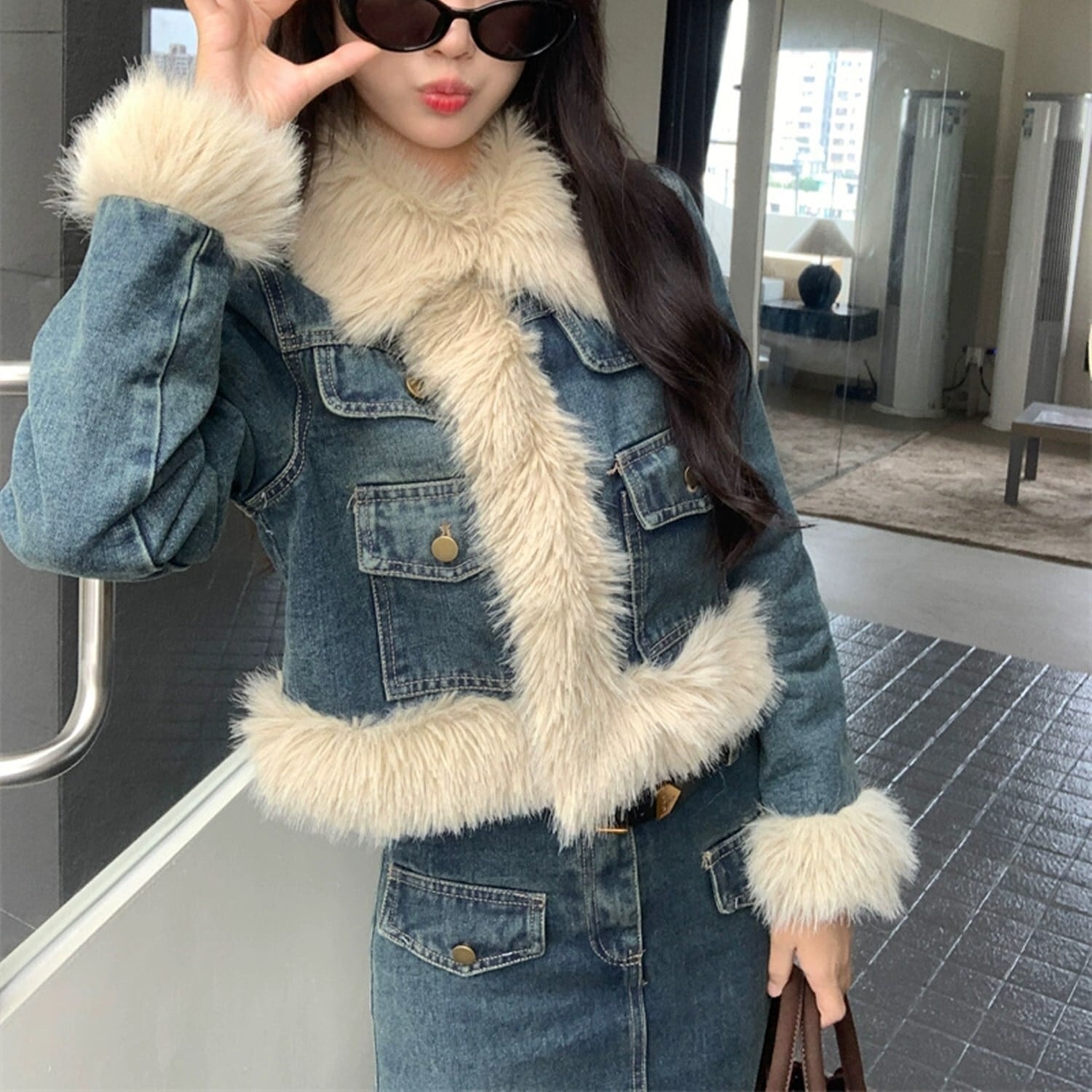 set】ファー付きデニムジャケット×ロング丈スカートセット N2332