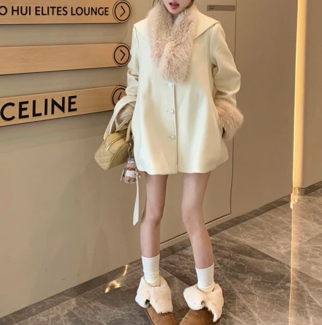 2色♡ティペット+袖ファー付きAラインミドル丈コート