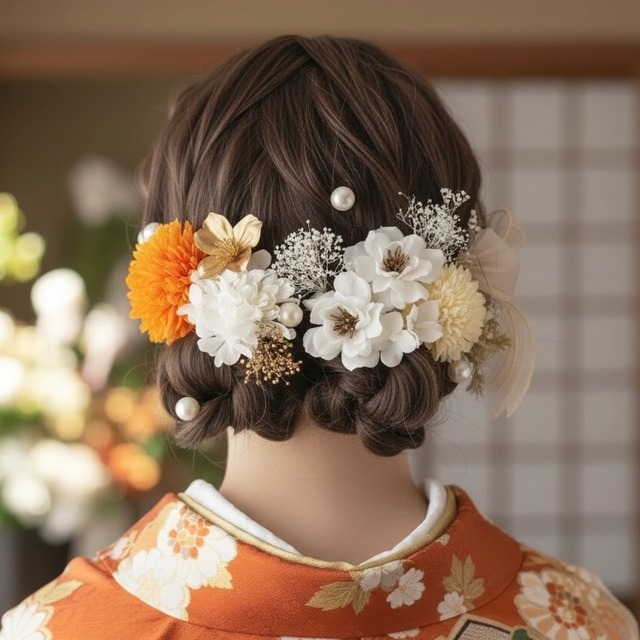A317 桜とマムの髪飾り　ドライフラワー　水引　白　ゴールド　オレンジ　成人式　振袖　結婚式　卒業式